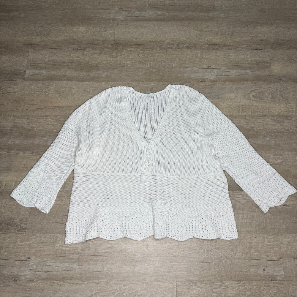 J.Jill Coastal Boho Open Knit Crochet Sweater Lace Up Euro Summer Cottage 4X